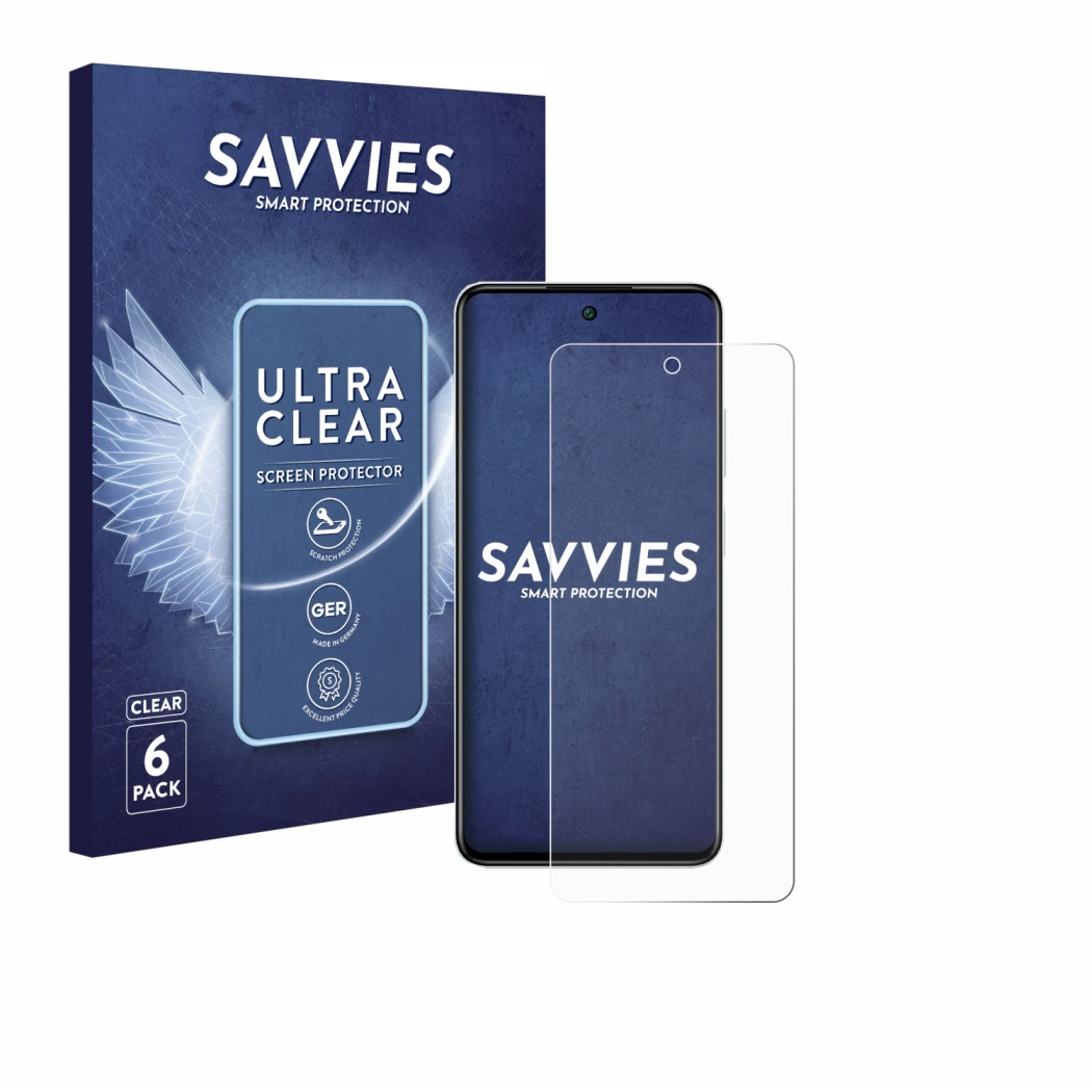 Face avant d’un emballage produit avec le logo de la marque Savvies. À côté, l’appareil Infinix Smart 8 est représenté avec la
