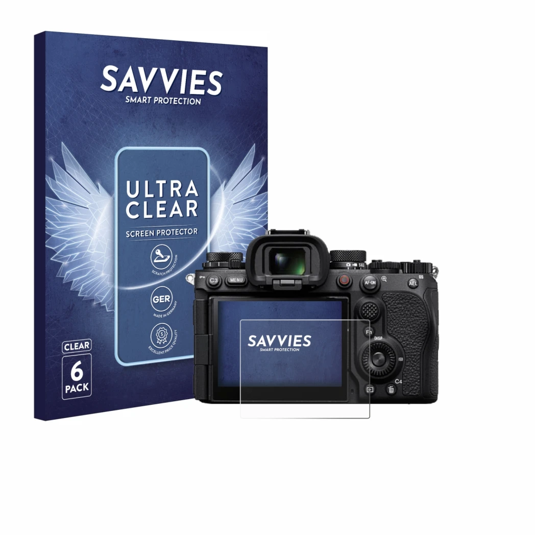 Face avant d’un emballage produit avec le logo de la marque Savvies. À côté, l’appareil Sony Alpha 9 III est représenté avec l
