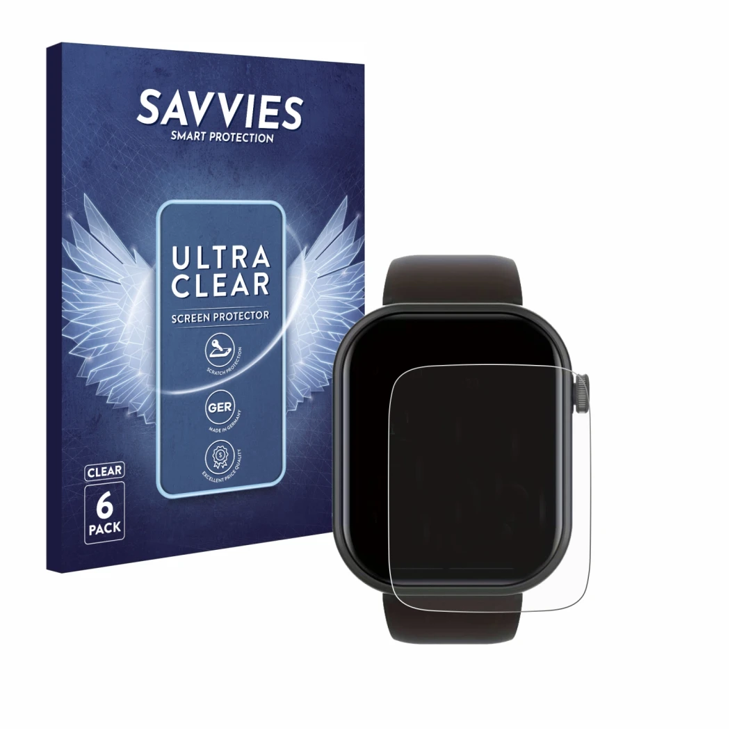 Face avant d’un emballage produit avec le logo de la marque Savvies. À côté, l’appareil Smartwatch IDW15 1.8