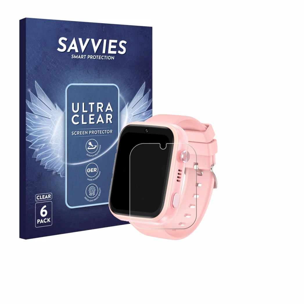 Face avant d’un emballage produit avec le logo de la marque Savvies. À côté, l’appareil jianyana 4G Kids Smartwatch est représ