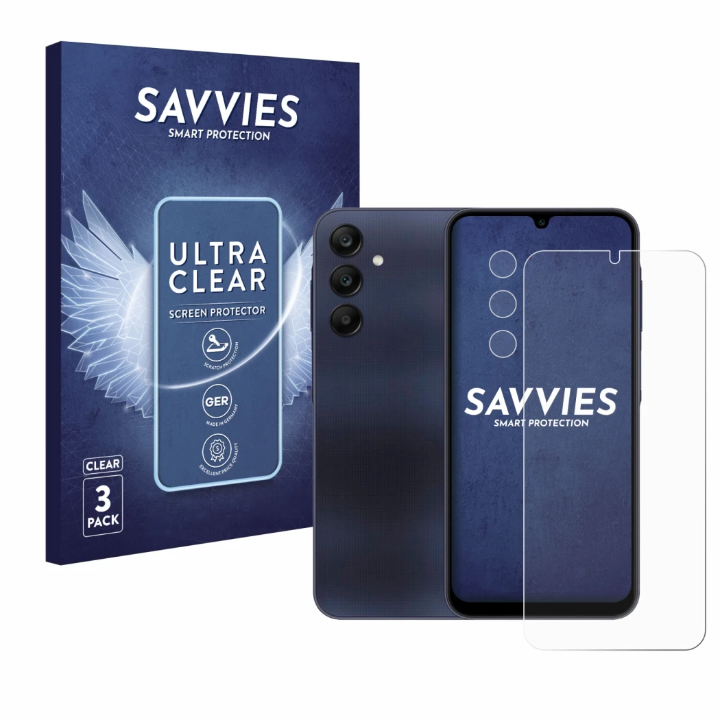 Face avant d’un emballage produit avec le logo de la marque Savvies. À côté, l’appareil Samsung Galaxy A25 5G (Avant+Caméra) e