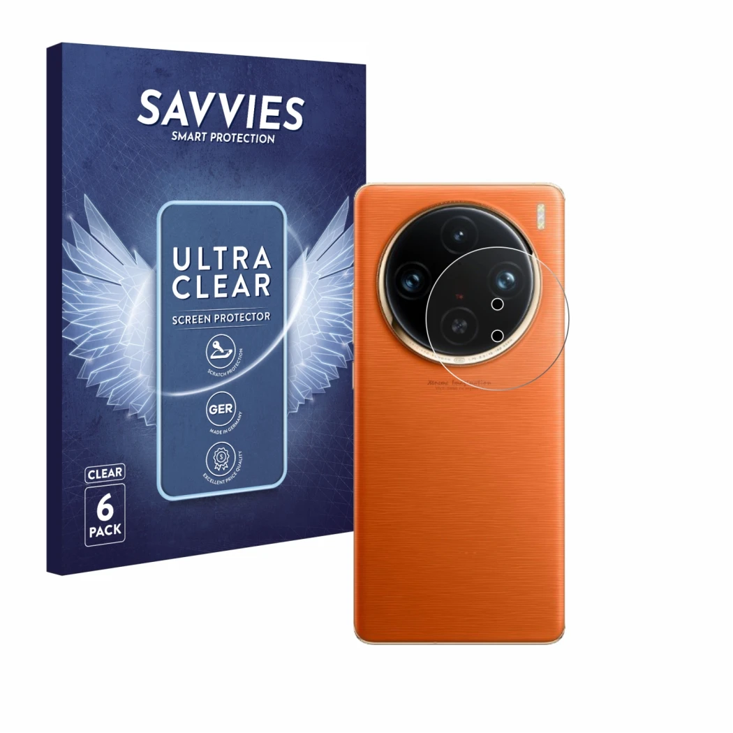 Face avant d’un emballage produit avec le logo de la marque Savvies. À côté, l’appareil Vivo X100 Pro (Caméra UNIQUEMENT) est 