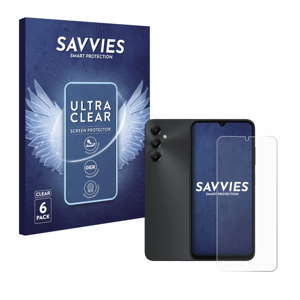 Face avant d’un emballage produit avec le logo de la marque Savvies. À côté, l’appareil Samsung Galaxy A05s est représenté ave