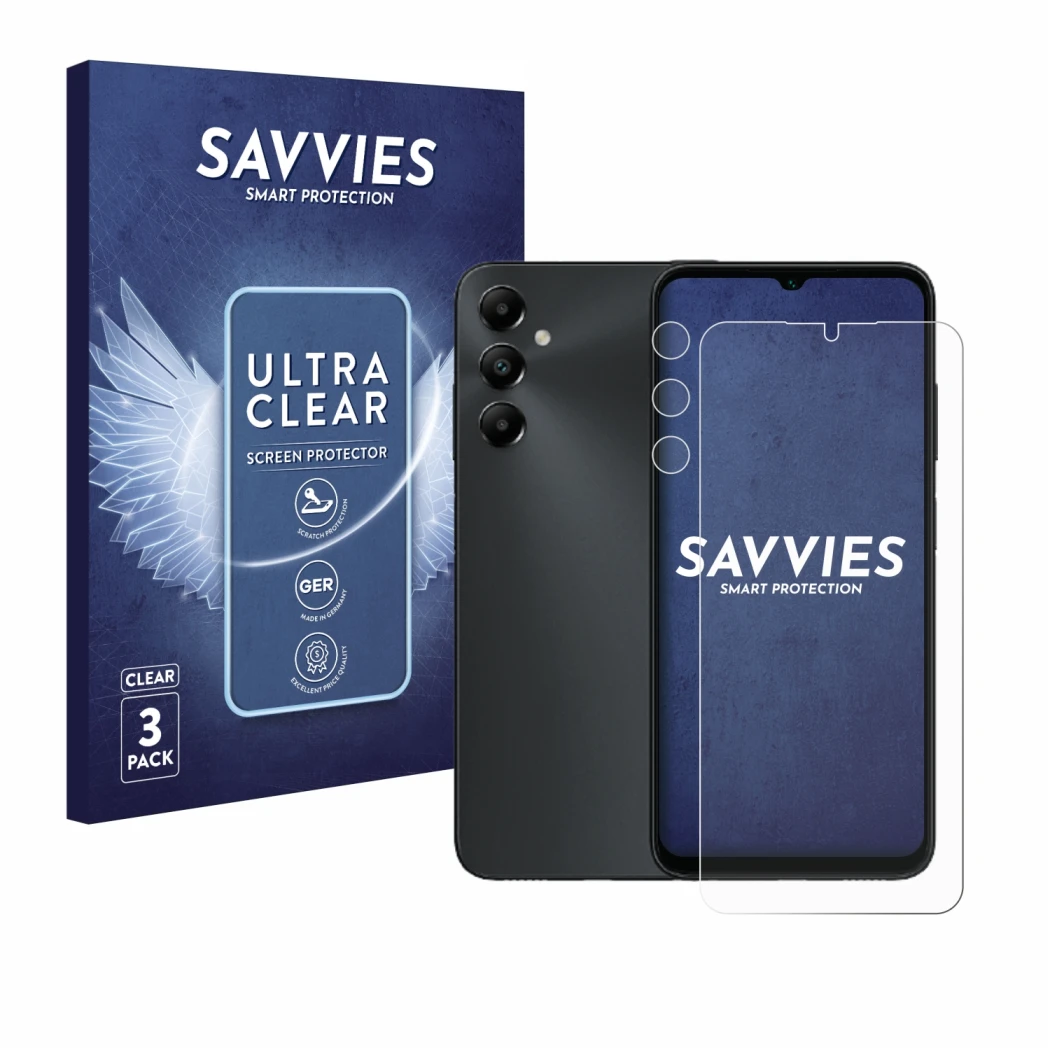 Face avant d’un emballage produit avec le logo de la marque Savvies. À côté, l’appareil Samsung Galaxy A05s (Avant+Caméra) est