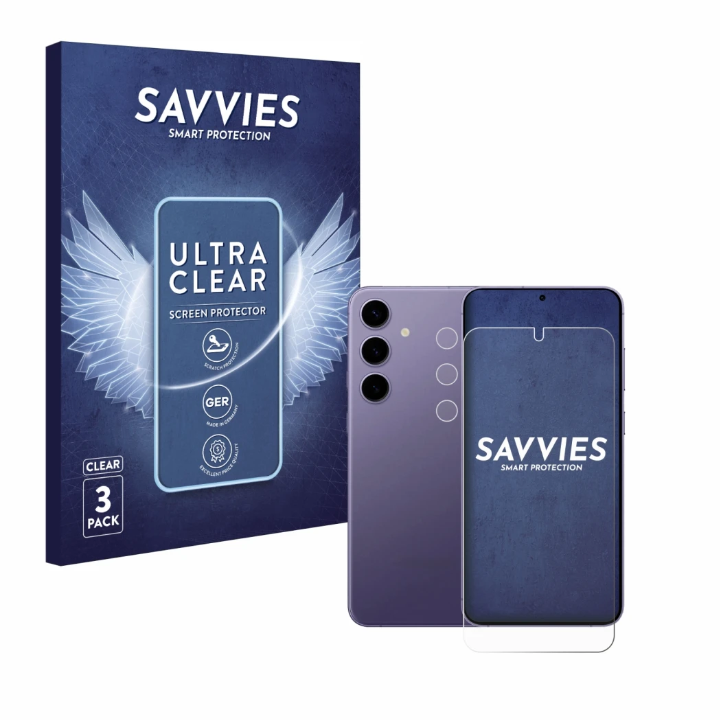 Face avant d’un emballage produit avec le logo de la marque Savvies. À côté, l’appareil Samsung Galaxy S24 Plus (Avant+Caméra)