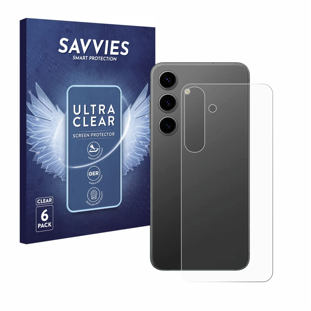 Face avant d’un emballage produit avec le logo de la marque Savvies. À côté, l’appareil Samsung Galaxy S24 Plus (Arrière) est 
