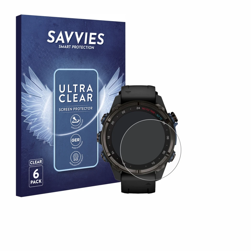 Face avant d’un emballage produit avec le logo de la marque Savvies. À côté, l’appareil Garmin Descent Mk3i (43 mm) est représ