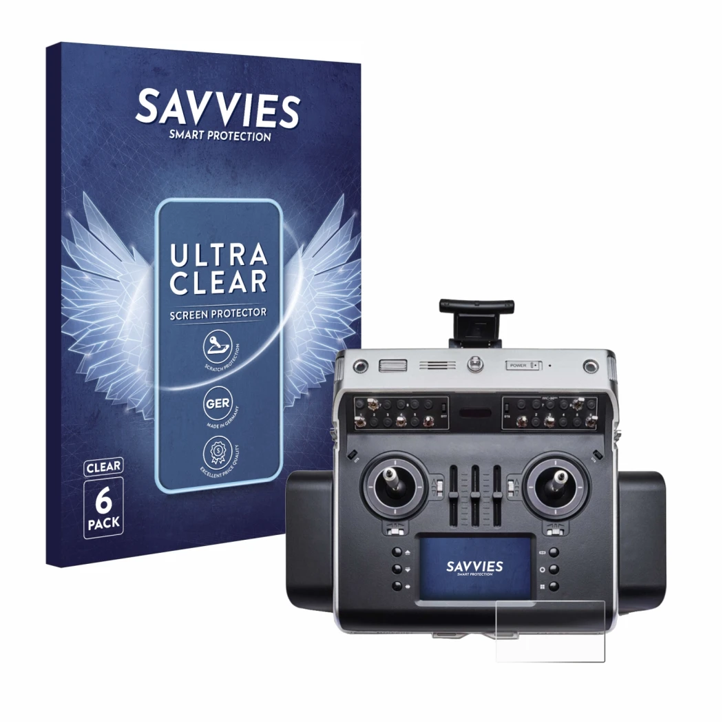 Face avant d’un emballage produit avec le logo de la marque Savvies. À côté, l’appareil Graupner MC-32ex est représenté avec l