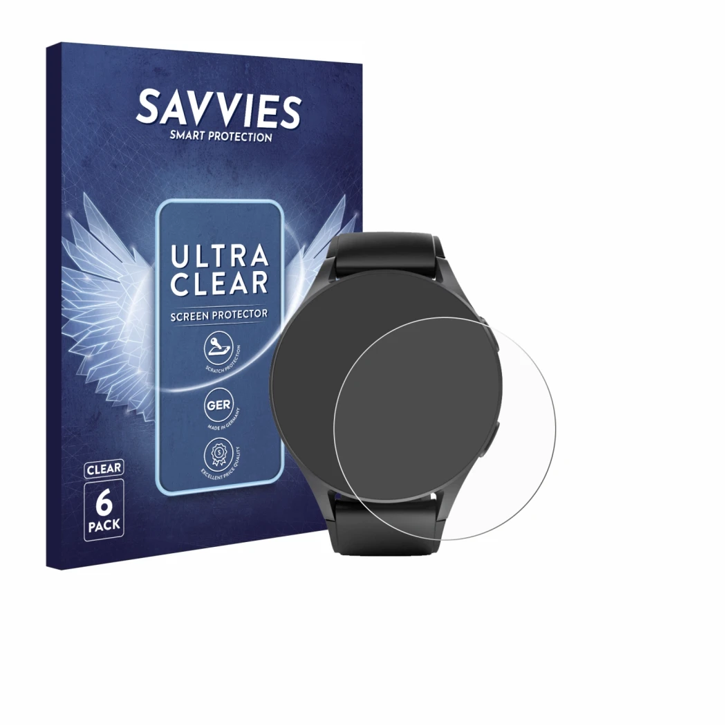 Face avant d’un emballage produit avec le logo de la marque Savvies. À côté, l’appareil Hama 8900 (42 mm) est représenté avec 
