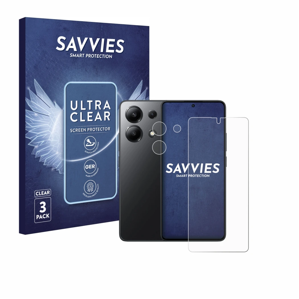 Face avant d’un emballage produit avec le logo de la marque Savvies. À côté, l’appareil Xiaomi Redmi Note 13 (Avant+Caméra) es