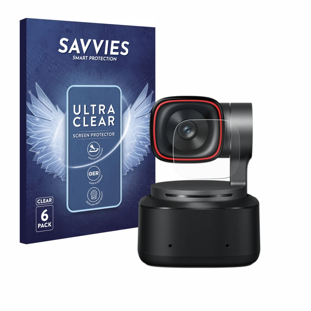 Face avant d’un emballage produit avec le logo de la marque Savvies. À côté, l’appareil OBSBOT Tiny 2 est représenté avec la p