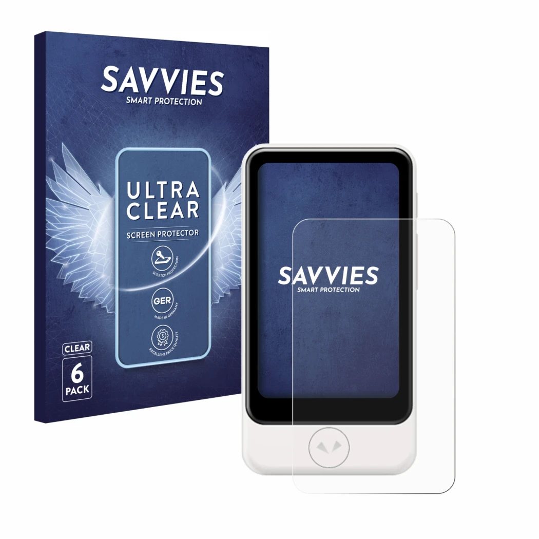 Face avant d’un emballage produit avec le logo de la marque Savvies. À côté, l’appareil Pocketalk Plus est représenté avec la 