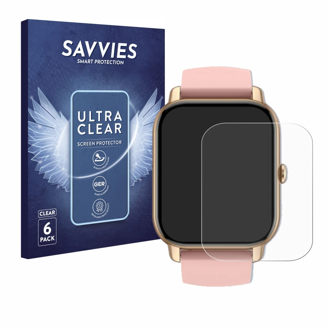 Face avant d’un emballage produit avec le logo de la marque Savvies. À côté, l’appareil Sross Smartwatch 1.83