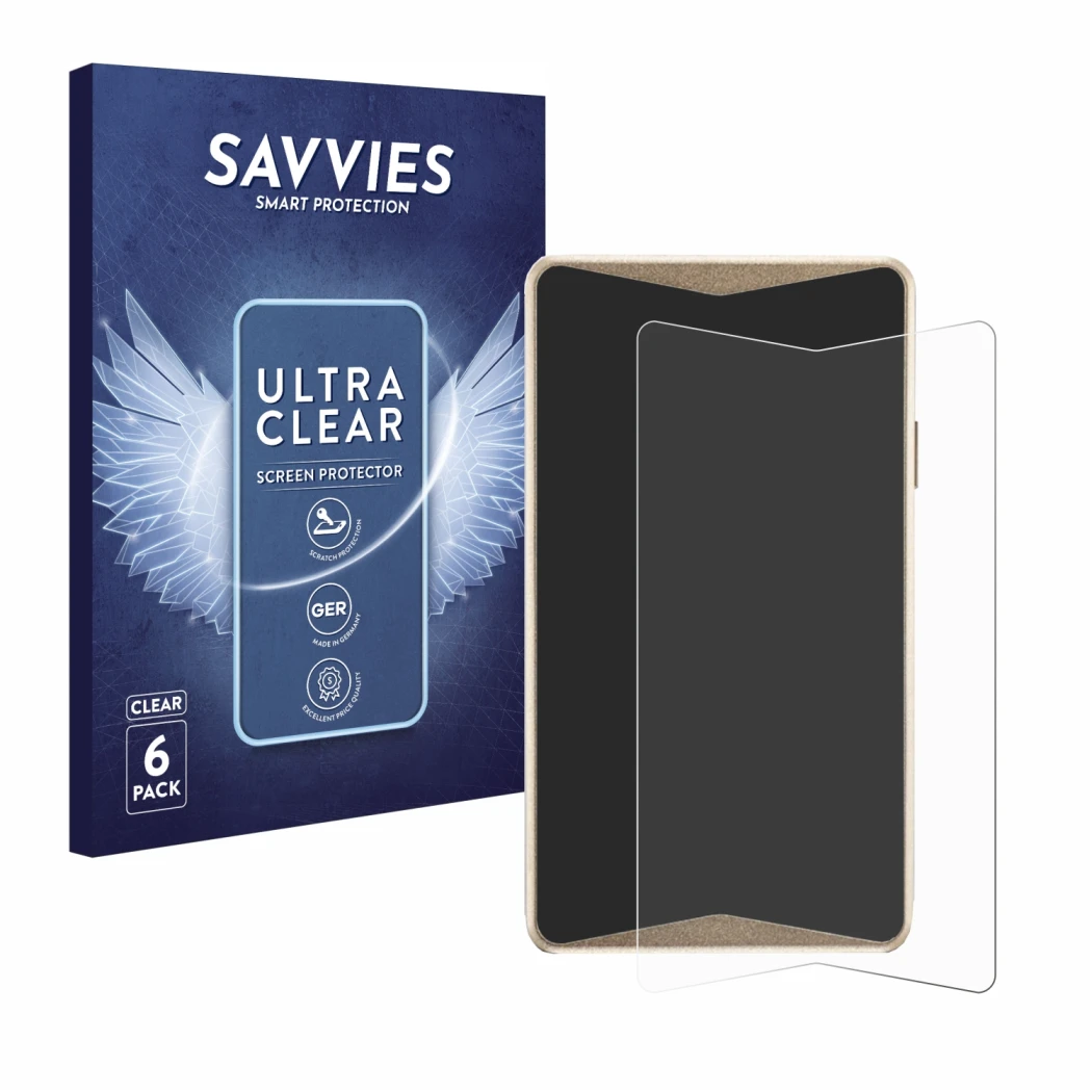 Face avant d’un emballage produit avec le logo de la marque Savvies. À côté, l’appareil ELLIPAL Titan 2.0 Cold Wallet est repr