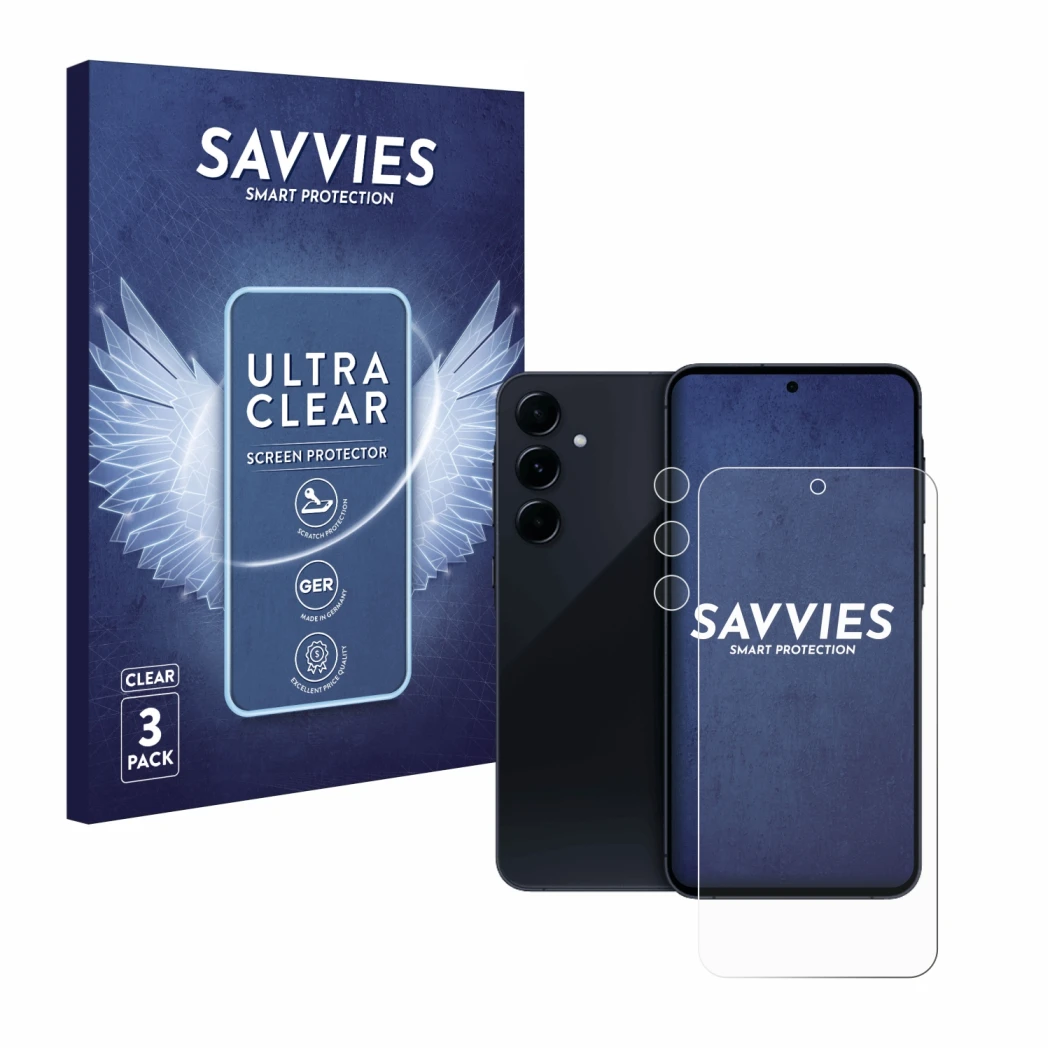 Face avant d’un emballage produit avec le logo de la marque Savvies. À côté, l’appareil Samsung Galaxy A55 5G (Avant+Caméra) e