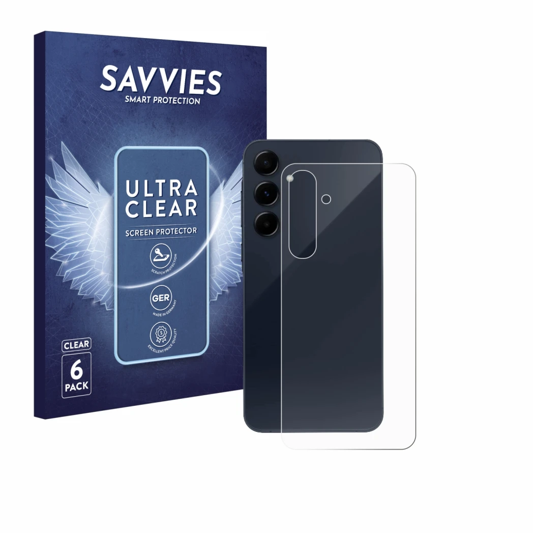 Face avant d’un emballage produit avec le logo de la marque Savvies. À côté, l’appareil Samsung Galaxy A55 5G (Arrière) est re