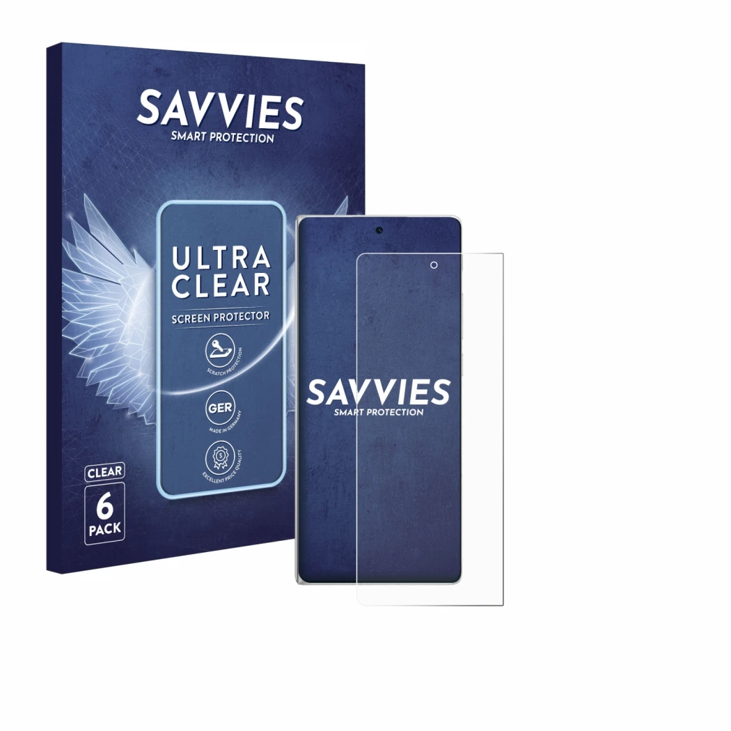 Face avant d’un emballage produit avec le logo de la marque Savvies. À côté, l’appareil Vivo X Fold3 est représenté avec la pr
