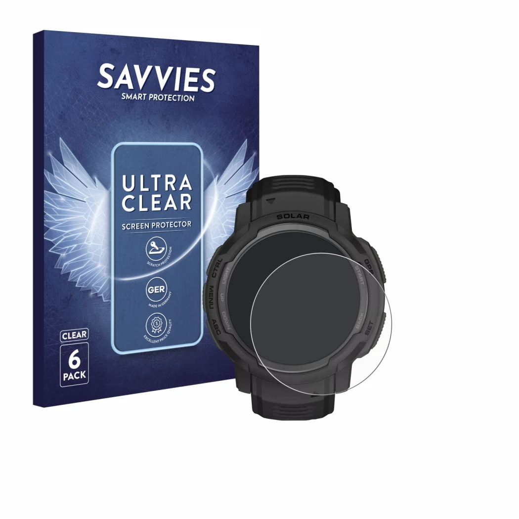 Face avant d’un emballage produit avec le logo de la marque Savvies. À côté, l’appareil Garmin Instinct Crossover Solar est re