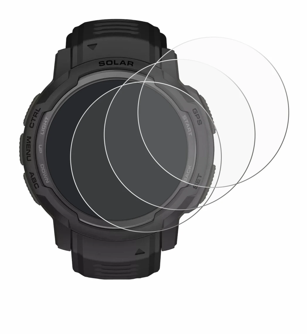 Image de l'appareil Garmin Instinct Crossover Solar avec une grande variété de protections d'écran.