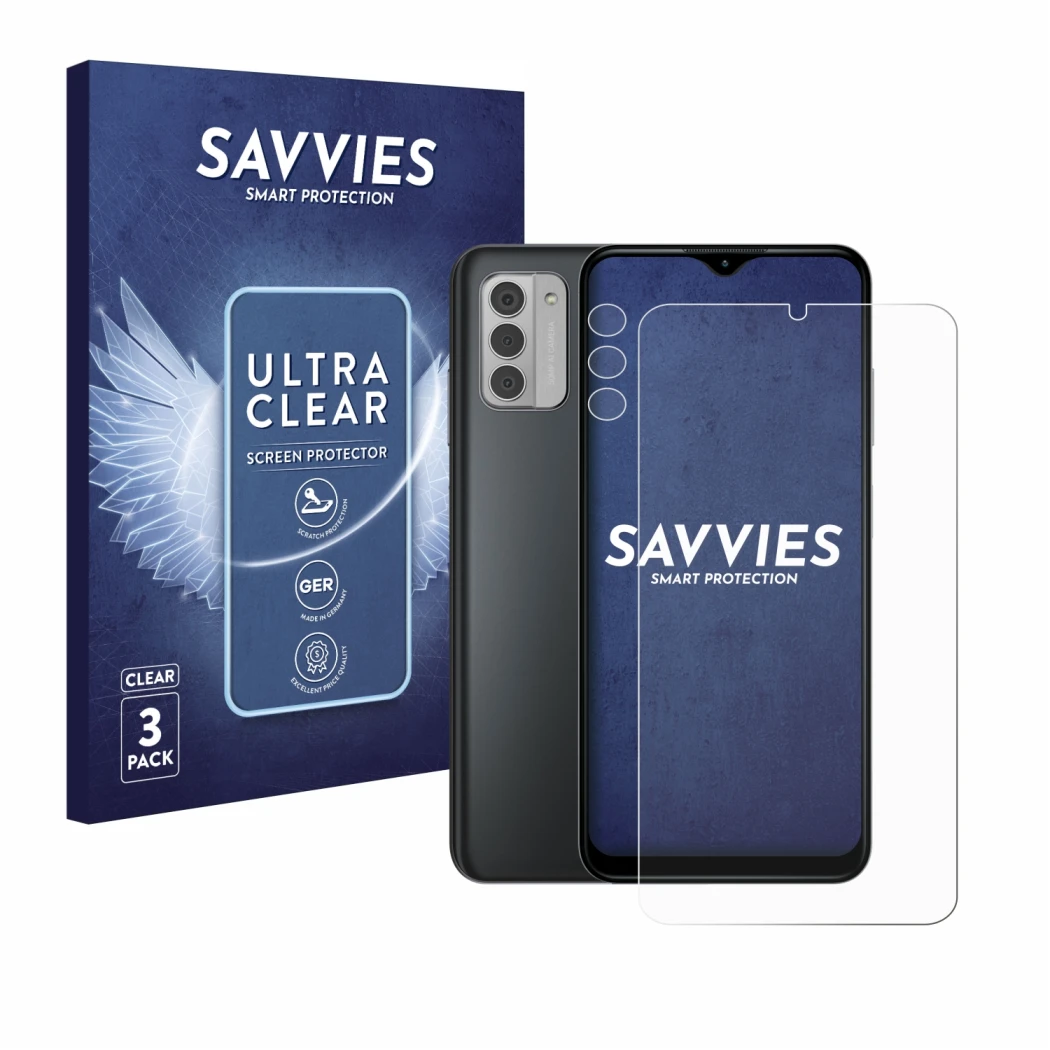 Face avant d’un emballage produit avec le logo de la marque Savvies. À côté, l’appareil Nokia G42 5G (Avant+Caméra) est représ