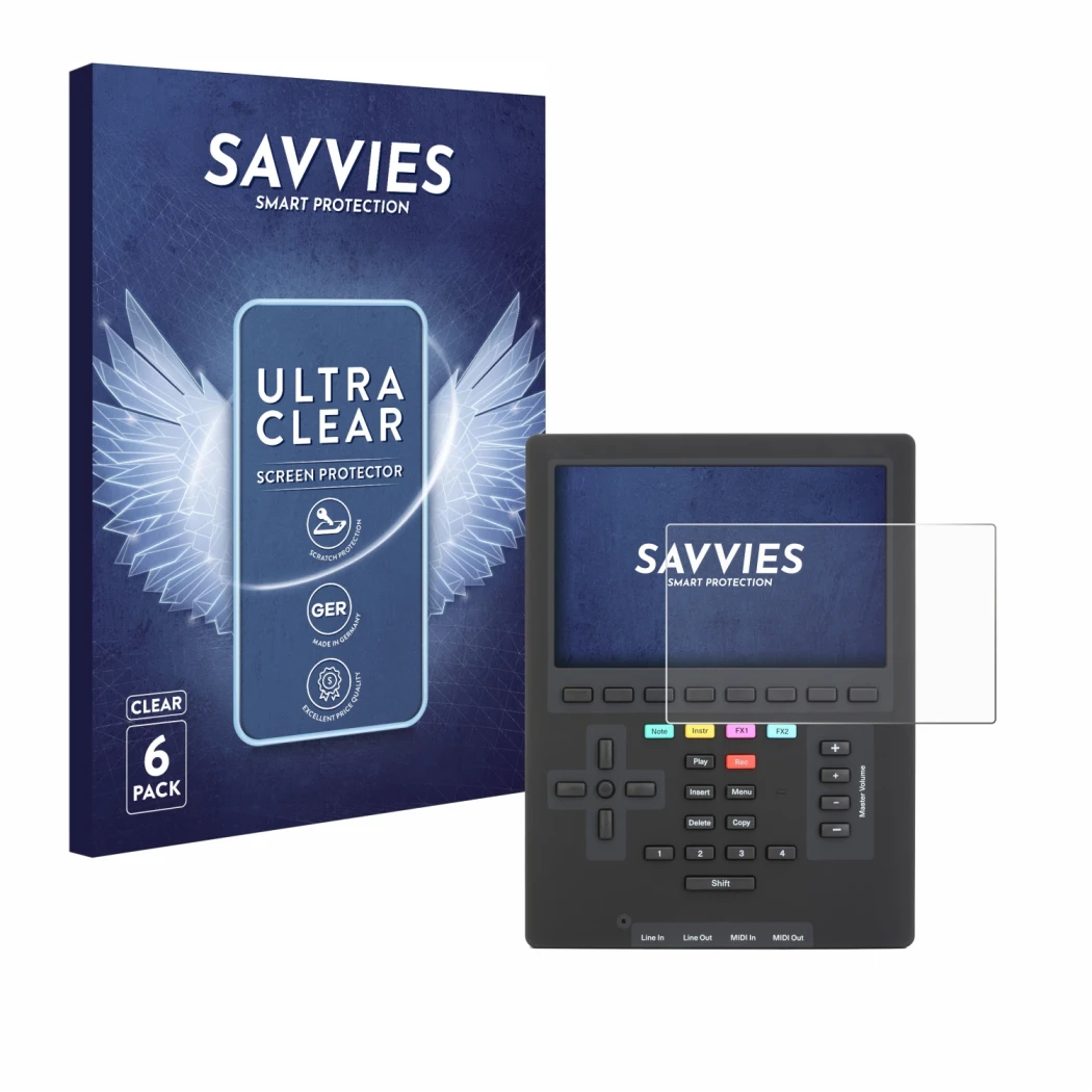 Face avant d’un emballage produit avec le logo de la marque Savvies. À côté, l’appareil Polyend Tracker Mini est représenté av