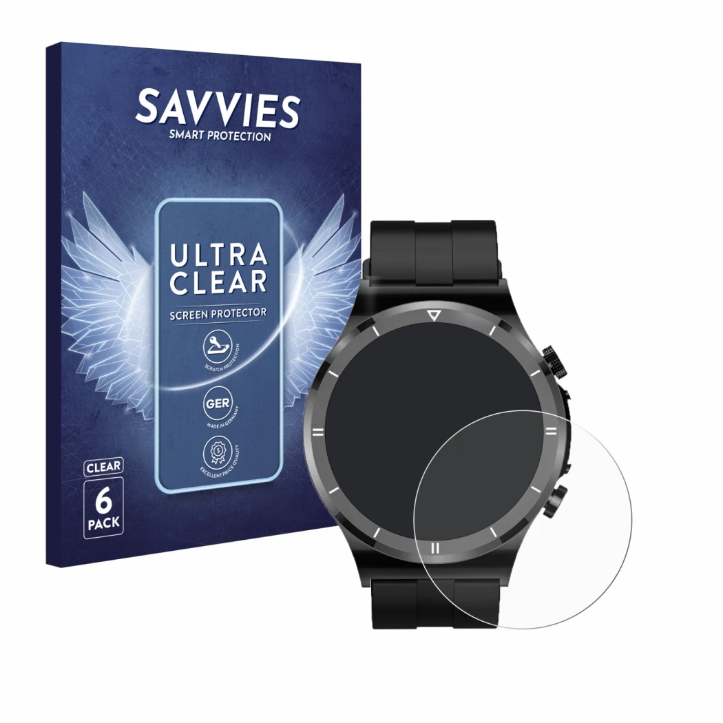 Face avant d’un emballage produit avec le logo de la marque Savvies. À côté, l’appareil Sanorum Smartwatch 1.39