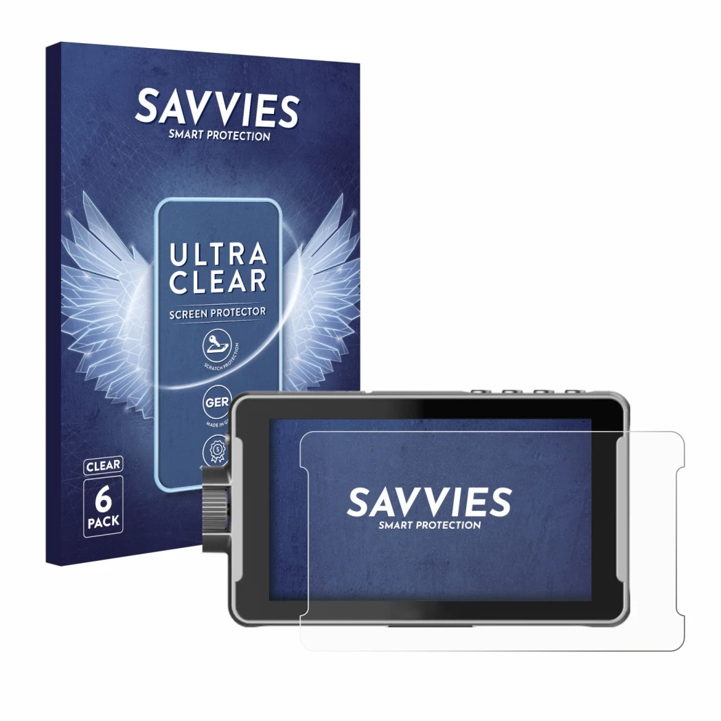 Face avant d’un emballage produit avec le logo de la marque Savvies. À côté, l’appareil Viltrox DC-550 Pro est représenté avec