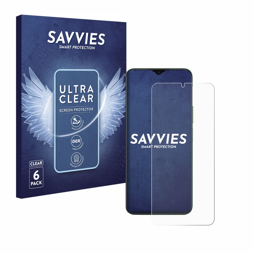 Face avant d’un emballage produit avec le logo de la marque Savvies. À côté, l’appareil Honor X6b est représenté avec la prote