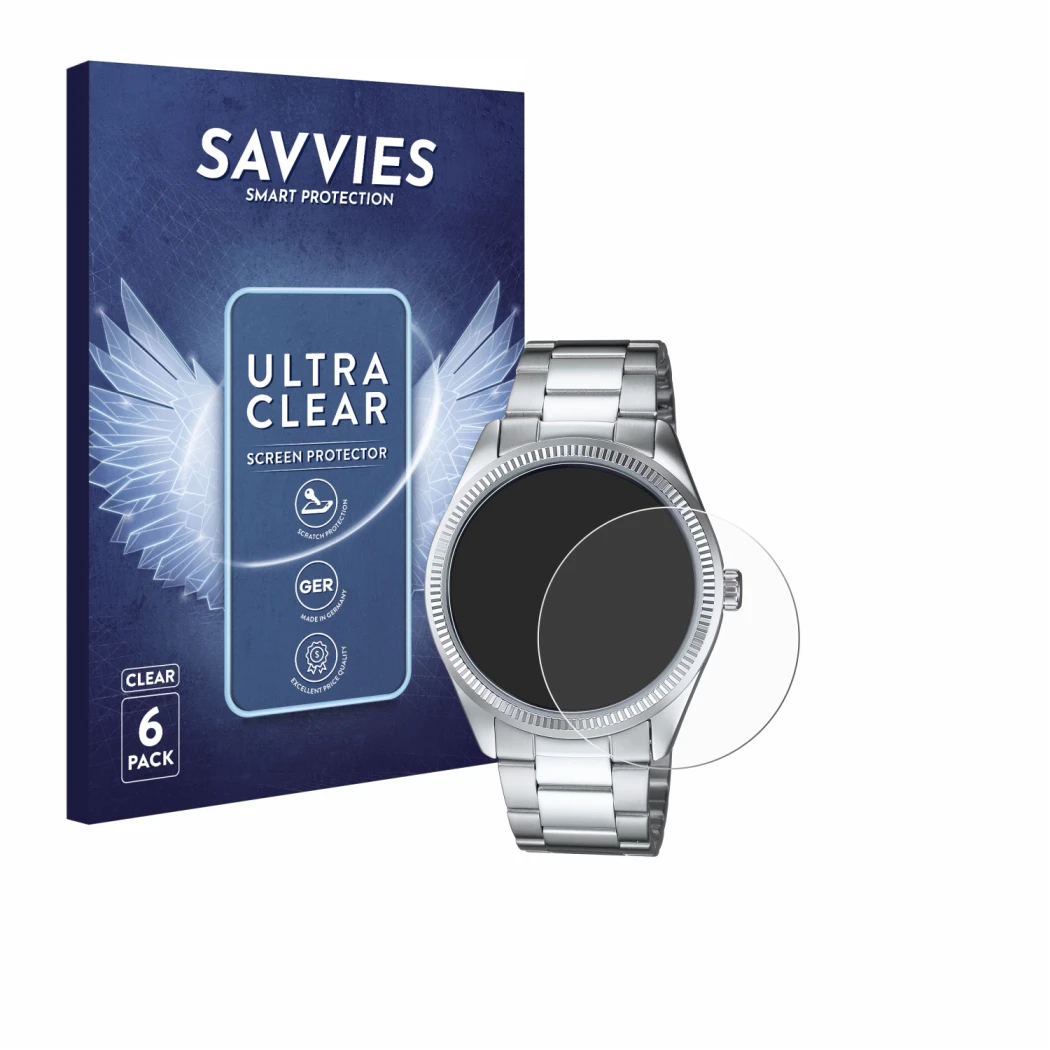 Face avant d’un emballage produit avec le logo de la marque Savvies. À côté, l’appareil Casio MTP-1302PD est représenté avec l