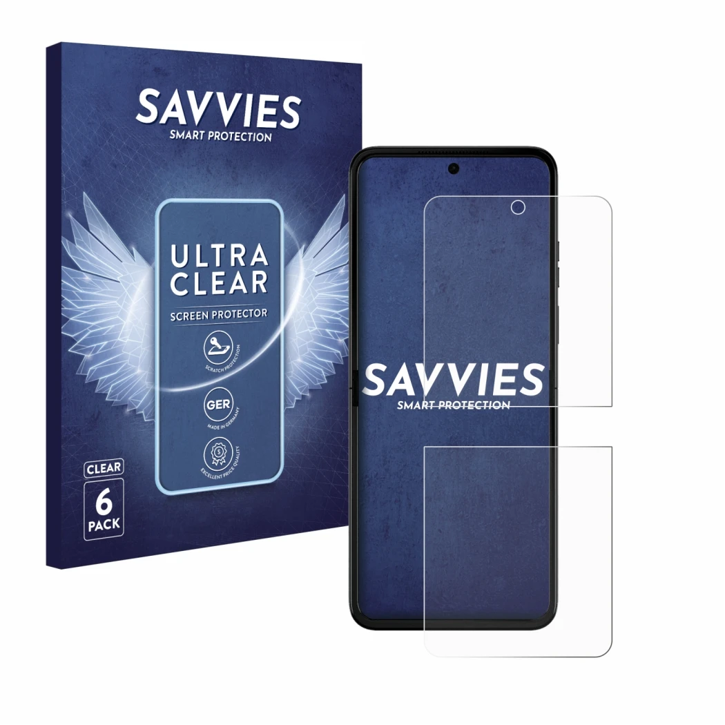 Face avant d’un emballage produit avec le logo de la marque Savvies. À côté, l’appareil Motorola Razr 50 Ultra est représenté 
