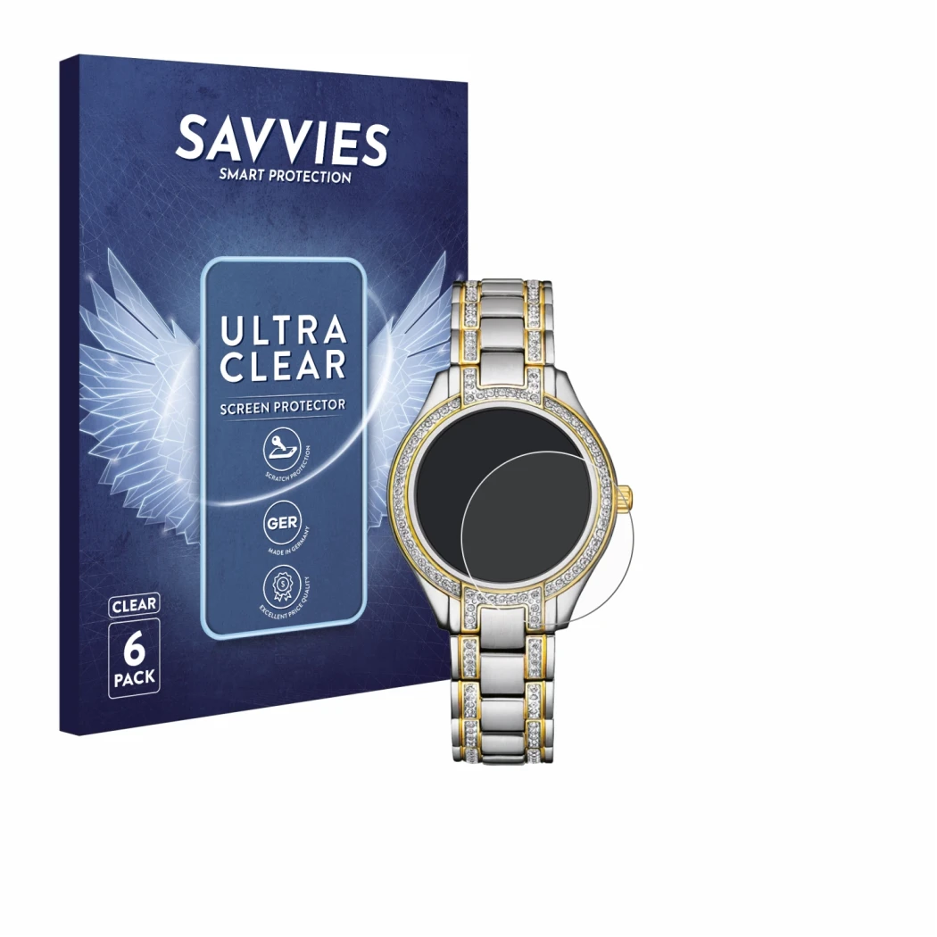 Face avant d’un emballage produit avec le logo de la marque Savvies. À côté, l’appareil Citizen Eco Drive FE1234-50L est repré