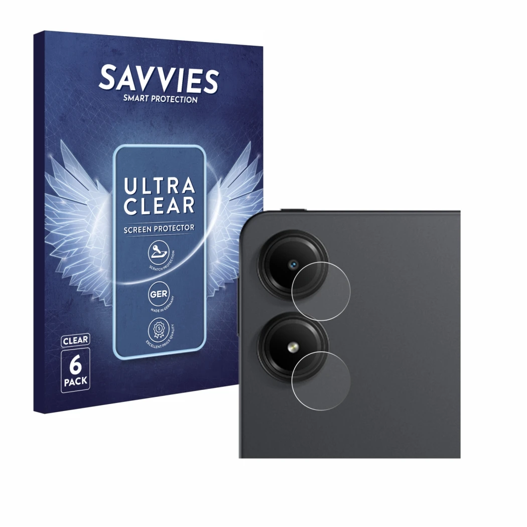 Face avant d’un emballage produit avec le logo de la marque Savvies. À côté, l’appareil Xiaomi Redmi Pad Pro 5G (Caméra UNIQUE