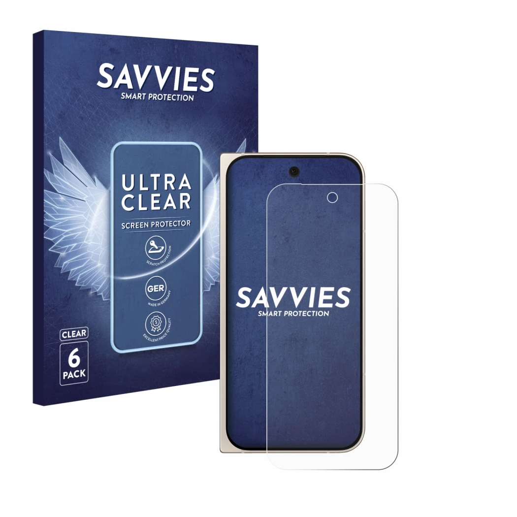 Face avant d’un emballage produit avec le logo de la marque Savvies. À côté, l’appareil Google Pixel 9 Pro Fold est représenté