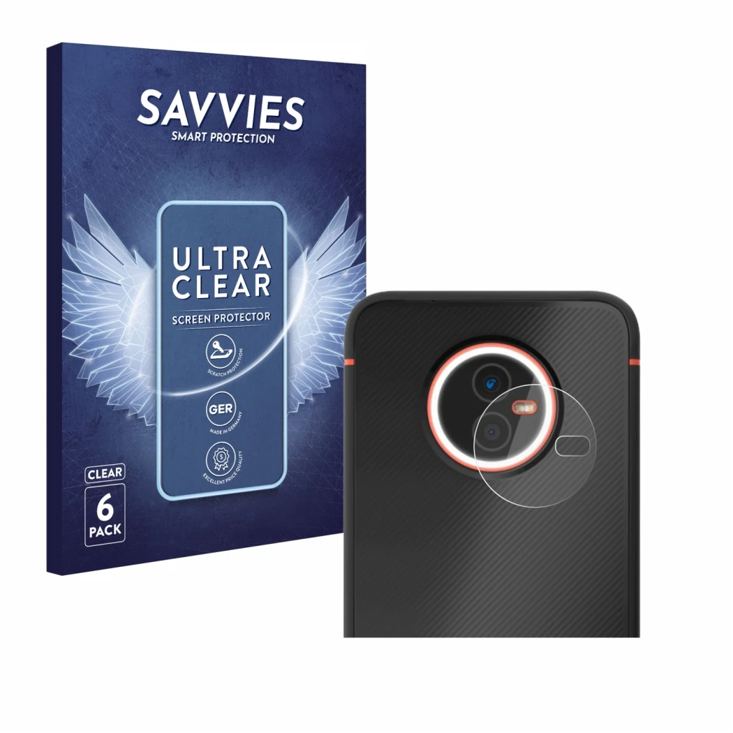 Face avant d’un emballage produit avec le logo de la marque Savvies. À côté, l’appareil Gigaset GX4 Pro (Caméra UNIQUEMENT) es