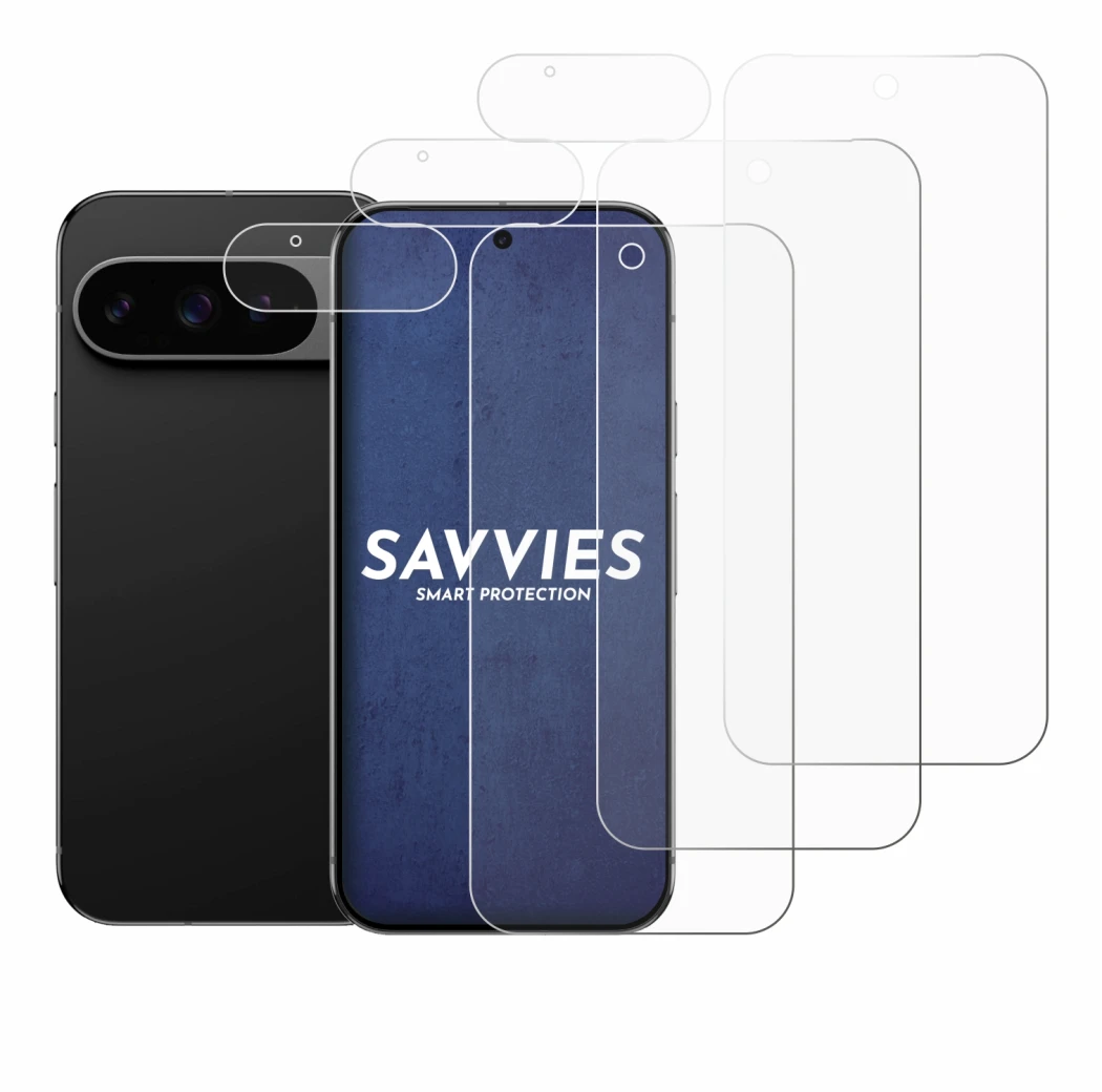 Image de l'appareil Google Pixel 9 Pro (Avant+Caméra) avec une grande variété de protections d'écran.