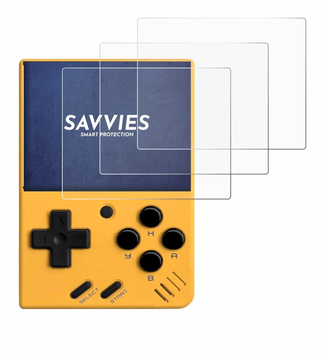 Image de l'appareil Miyoo Mini V4 avec une grande variété de protections d'écran.