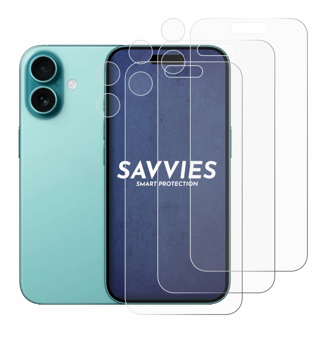 Image de l'appareil Apple iPhone 16 (Avant+Caméra) avec une grande variété de protections d'écran.