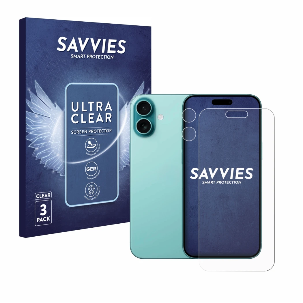 Face avant d’un emballage produit avec le logo de la marque Savvies. À côté, l’appareil Apple iPhone 16 Plus (Avant+Caméra) es