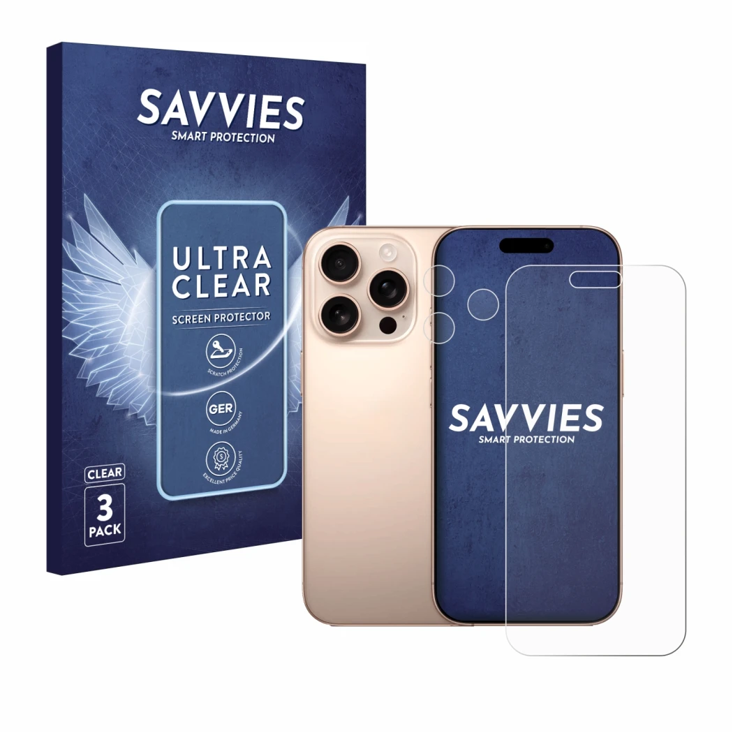 Face avant d’un emballage produit avec le logo de la marque Savvies. À côté, l’appareil Apple iPhone 16 Pro Max (Avant+Caméra)