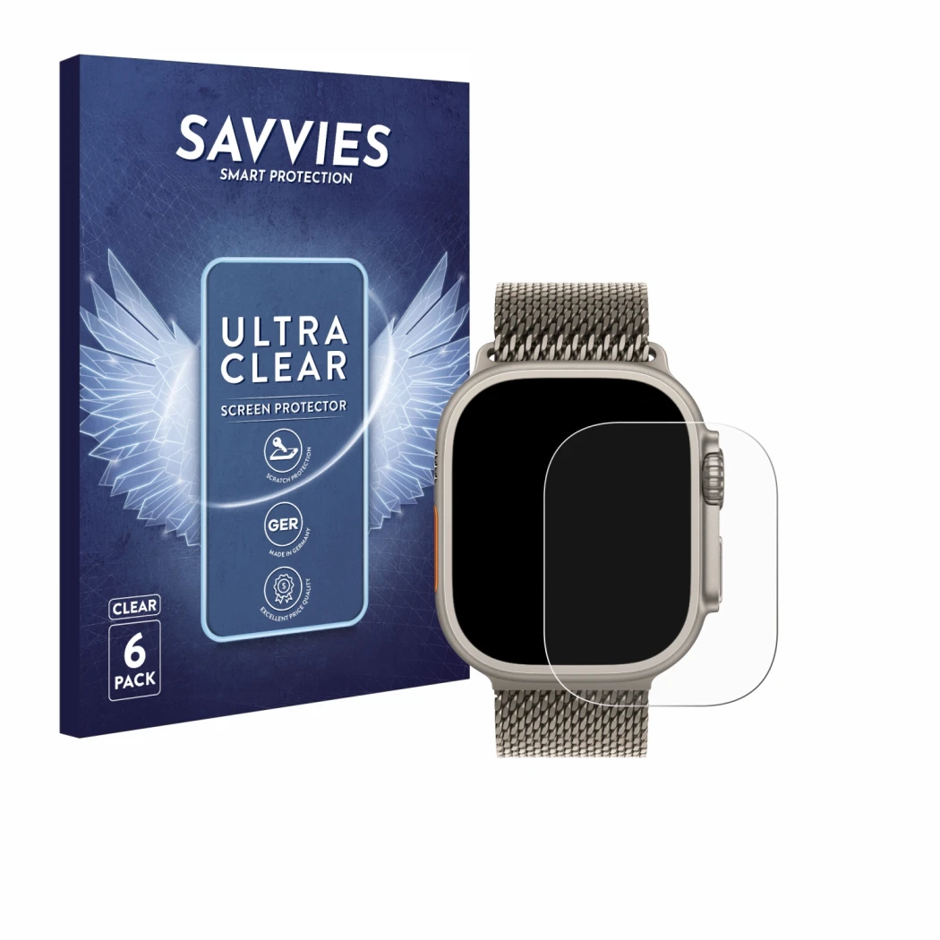 Face avant d’un emballage produit avec le logo de la marque Savvies. À côté, l’appareil Apple Watch Ultra 3 est représenté ave