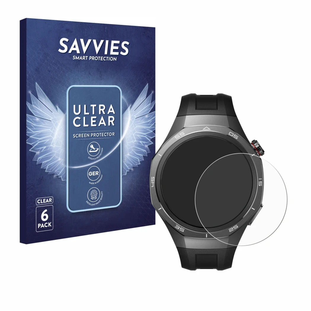 Face avant d’un emballage produit avec le logo de la marque Savvies. À côté, l’appareil Huawei Watch GT 5 Pro (46 mm) est repr