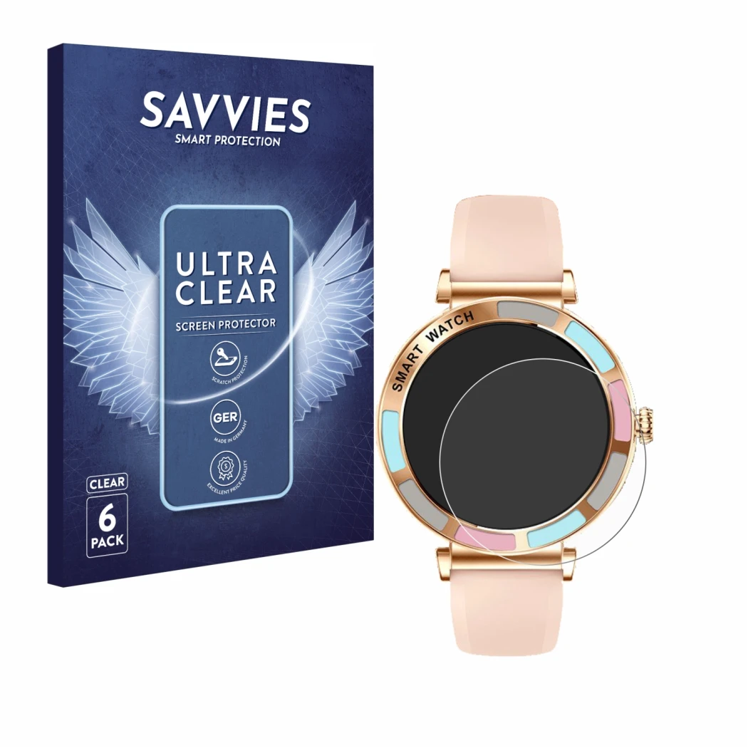 Face avant d’un emballage produit avec le logo de la marque Savvies. À côté, l’appareil Bekomiya Smartwatch 1.27