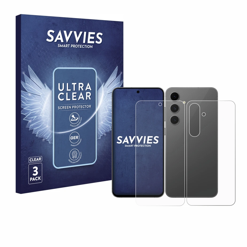 Face avant d’un emballage produit avec le logo de la marque Savvies. À côté, l’appareil Samsung Galaxy S24 FE (Avant+Arrière) 