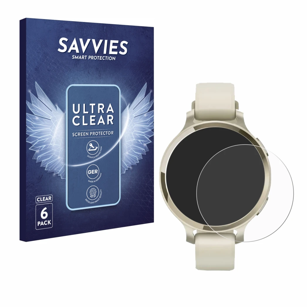 Face avant d’un emballage produit avec le logo de la marque Savvies. À côté, l’appareil Garmin Lily 2 Active est représenté av