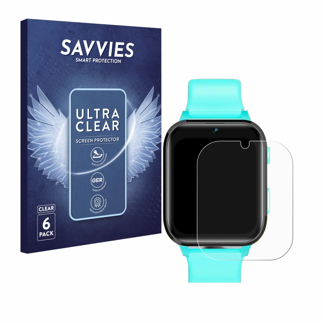 Face avant d’un emballage produit avec le logo de la marque Savvies. À côté, l’appareil Clleylise Kids Smartwatch 1.7