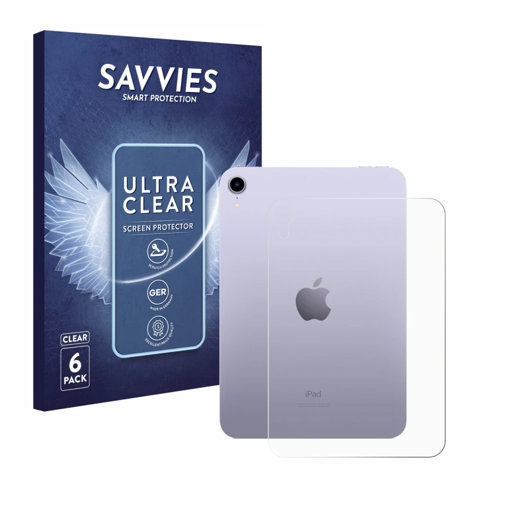 Face avant d’un emballage produit avec le logo de la marque Savvies. À côté, l’appareil Apple iPad Mini 7 WiFi 2024 (Arrière) 