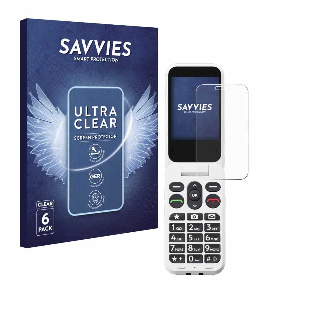 Face avant d’un emballage produit avec le logo de la marque Savvies. À côté, l’appareil Doro Leva L20 est représenté avec la p