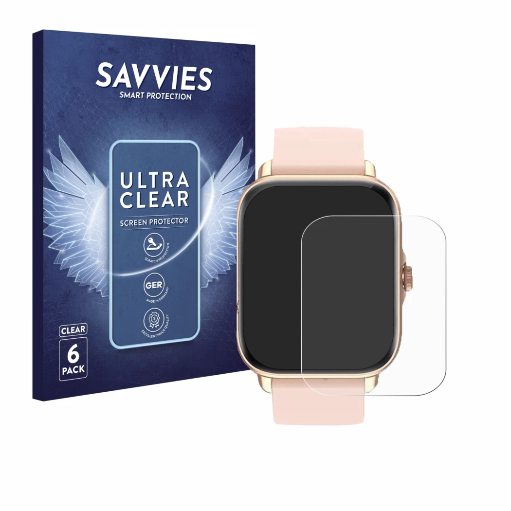 Face avant d’un emballage produit avec le logo de la marque Savvies. À côté, l’appareil Janolty Smartwatch 1.83