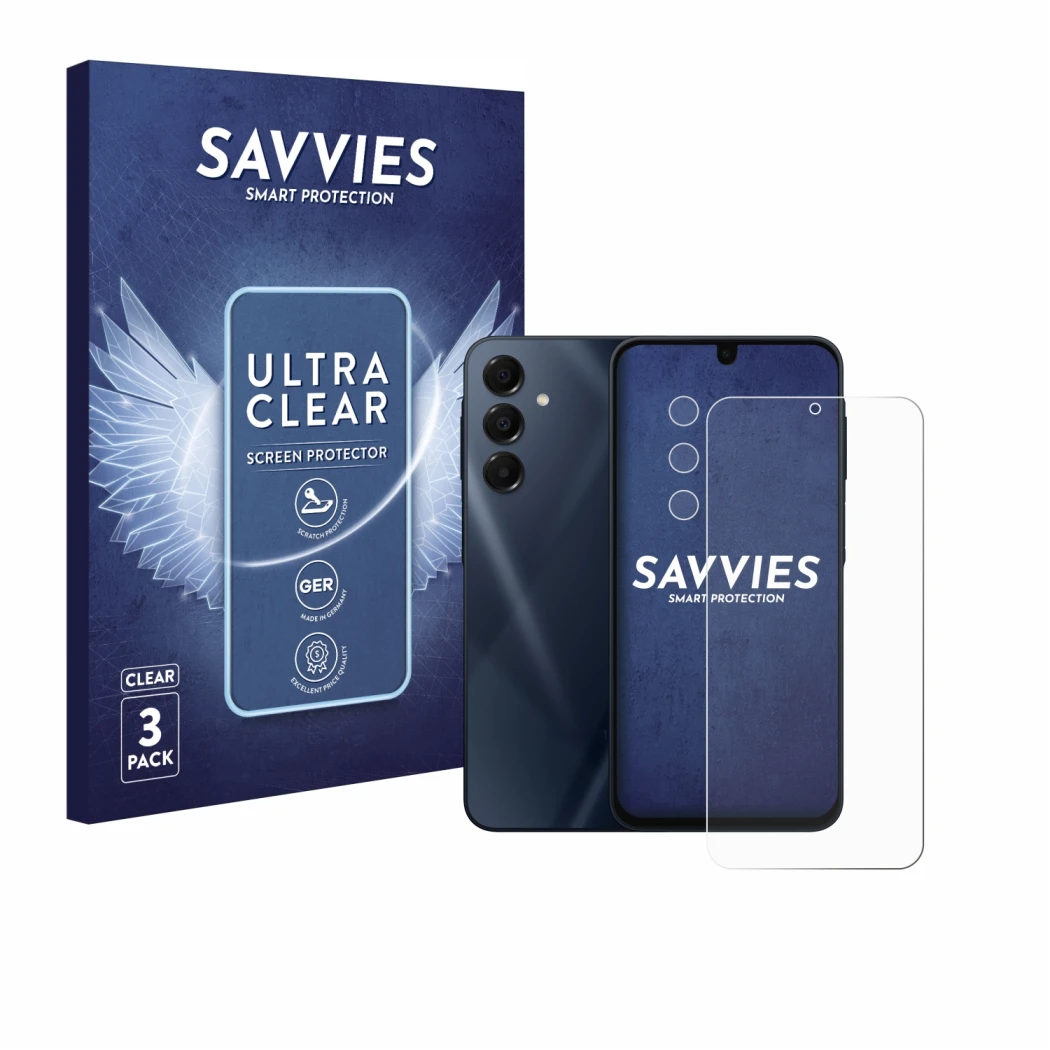 Face avant d’un emballage produit avec le logo de la marque Savvies. À côté, l’appareil Samsung Galaxy A16 4G (Avant+Caméra) e
