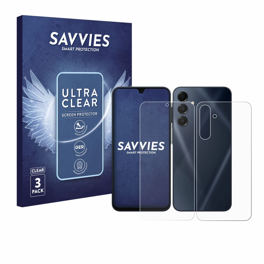 Face avant d’un emballage produit avec le logo de la marque Savvies. À côté, l’appareil Samsung Galaxy A16 4G (Avant+Arrière) 